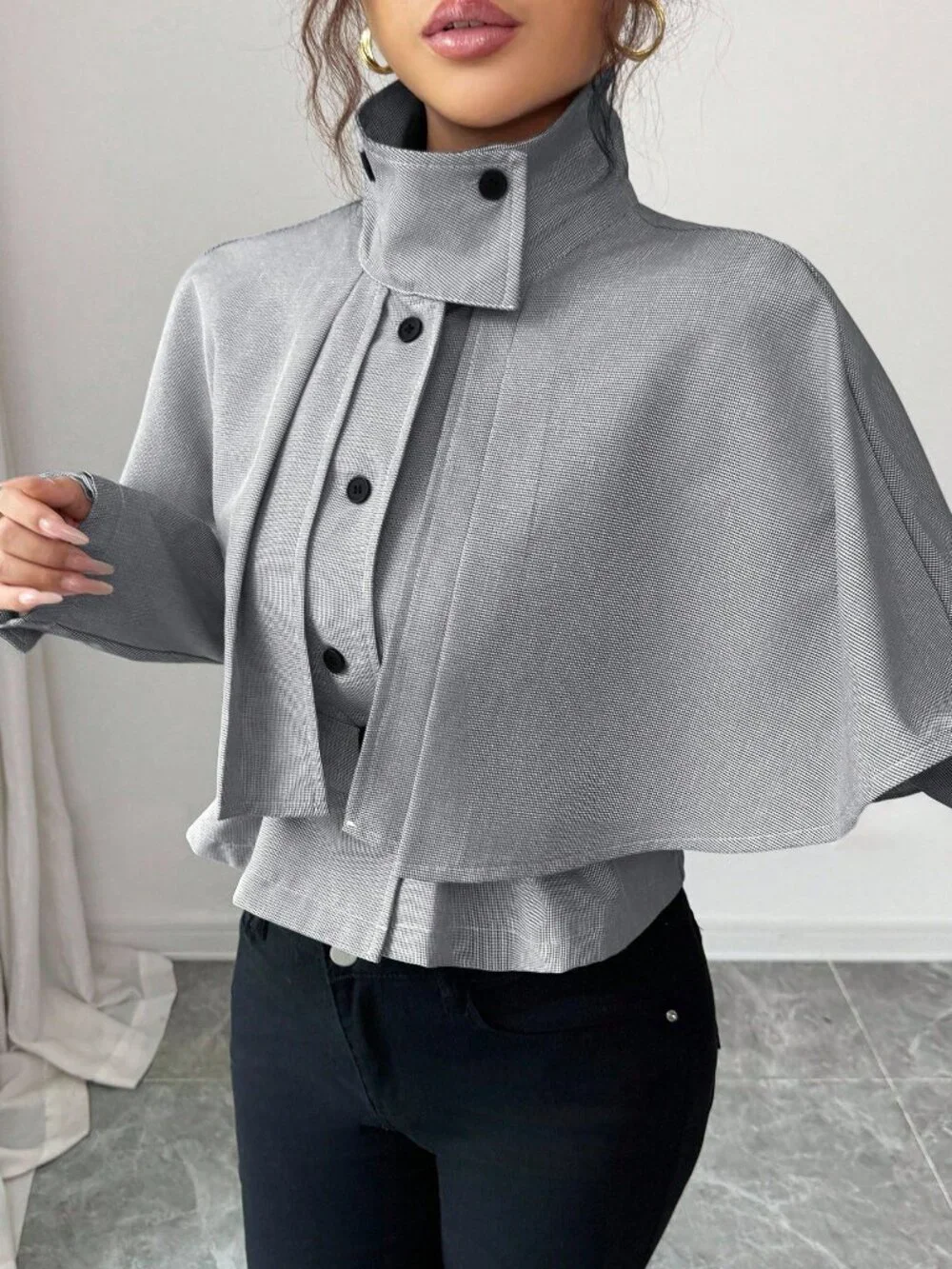 Black And White Casual Women's Houndstooth Cropped Waist Cape